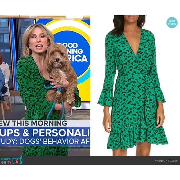 Tanya Taylor Women's Nomi Green Black Printed Long Sleeve Silk Short Dress sz 4 - Image 2