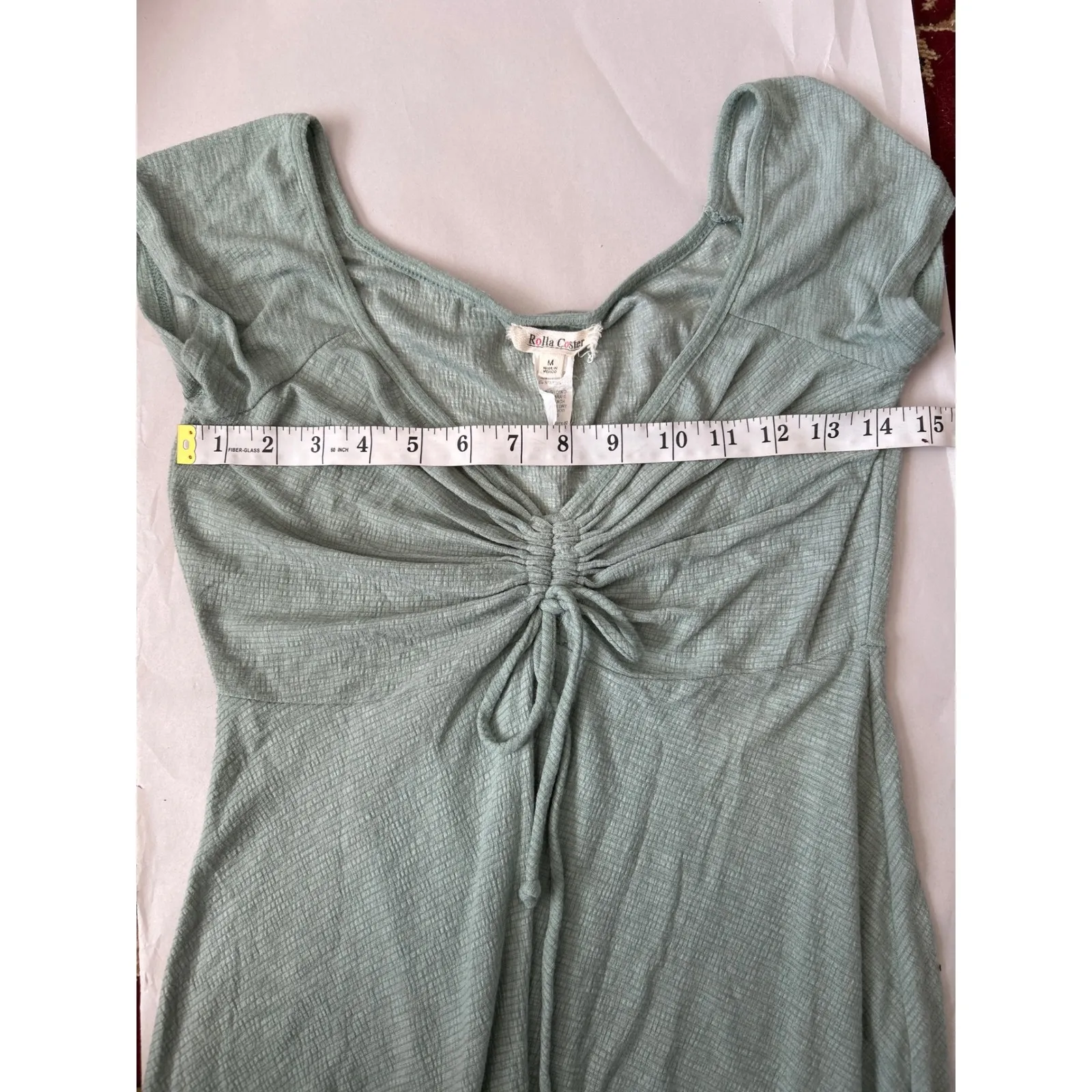 Rolla Coster Sage‎ Green Mini Dress Ruched Drawstring Babydoll Neckline Medium - Image 4