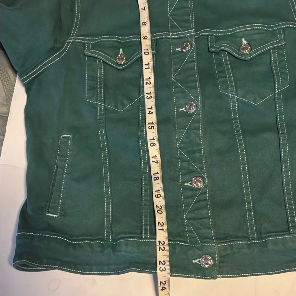 MANGO…GREEN DENIM JACKET SILVER BUTTONS SIZE XL COTTON AND ELASTANE PTP 21”/22” - Image 12