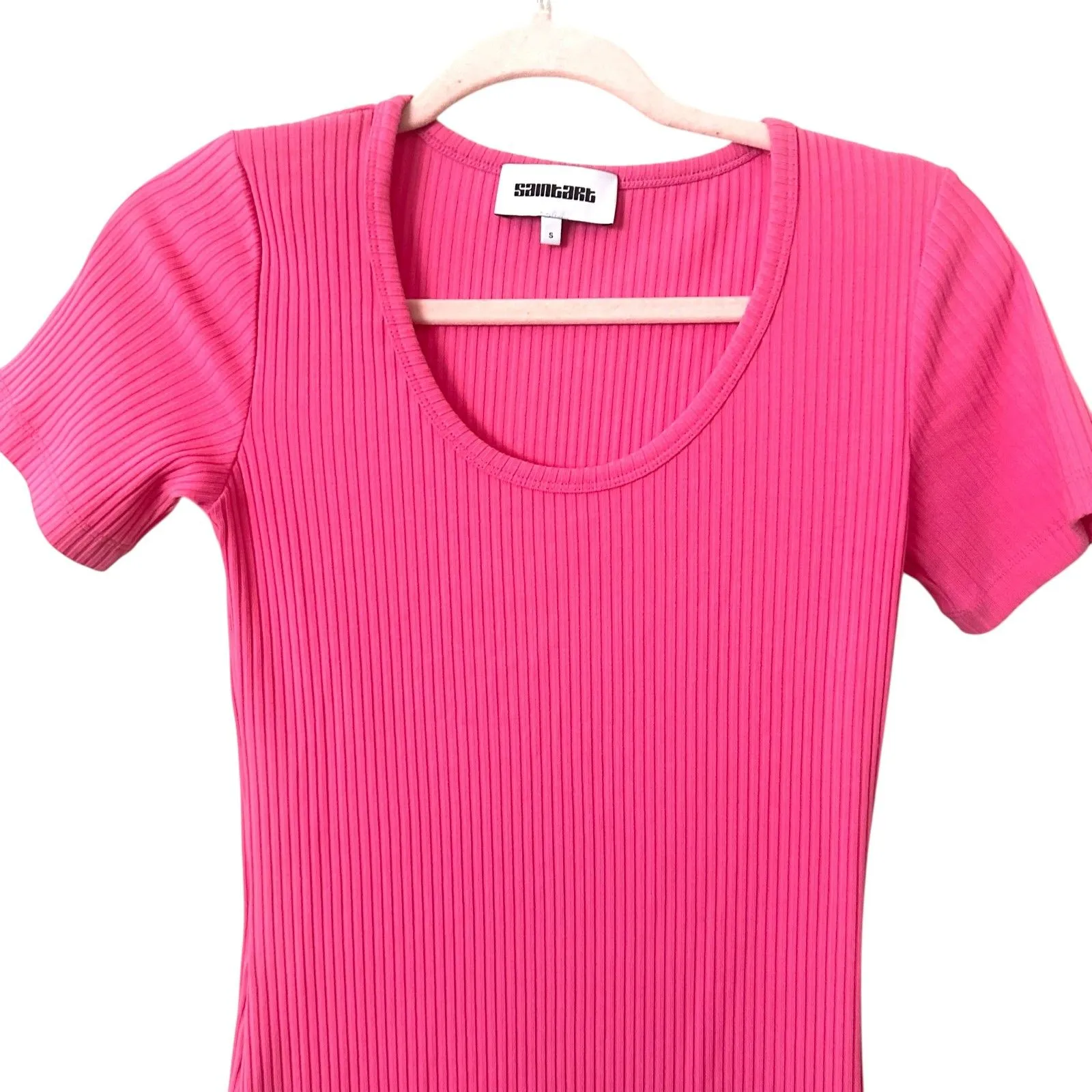 SAINT ART‎ Ribbed Short Sleeve Midi Dress Pink Small - Image 3
