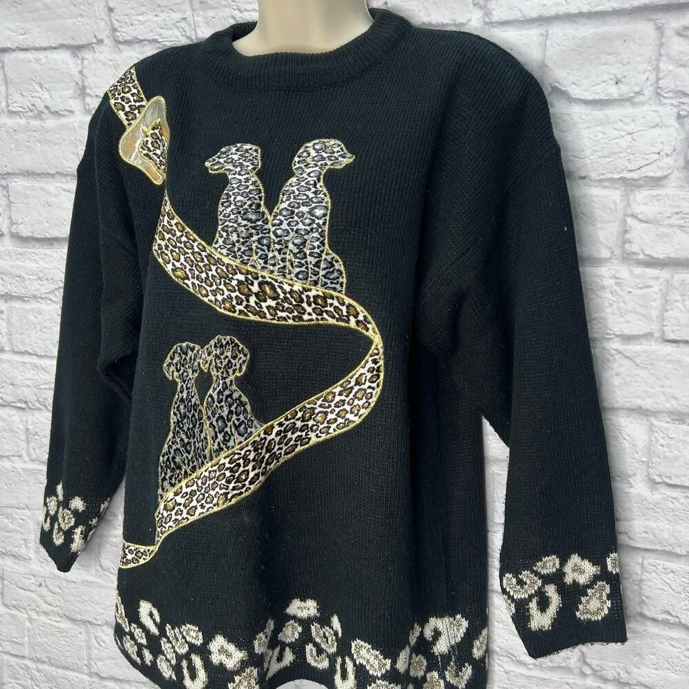 Vintage Maurada Womens Sweater Long Sleeve Size L Black Dogs Leopard Cheetah Size L - Image 2