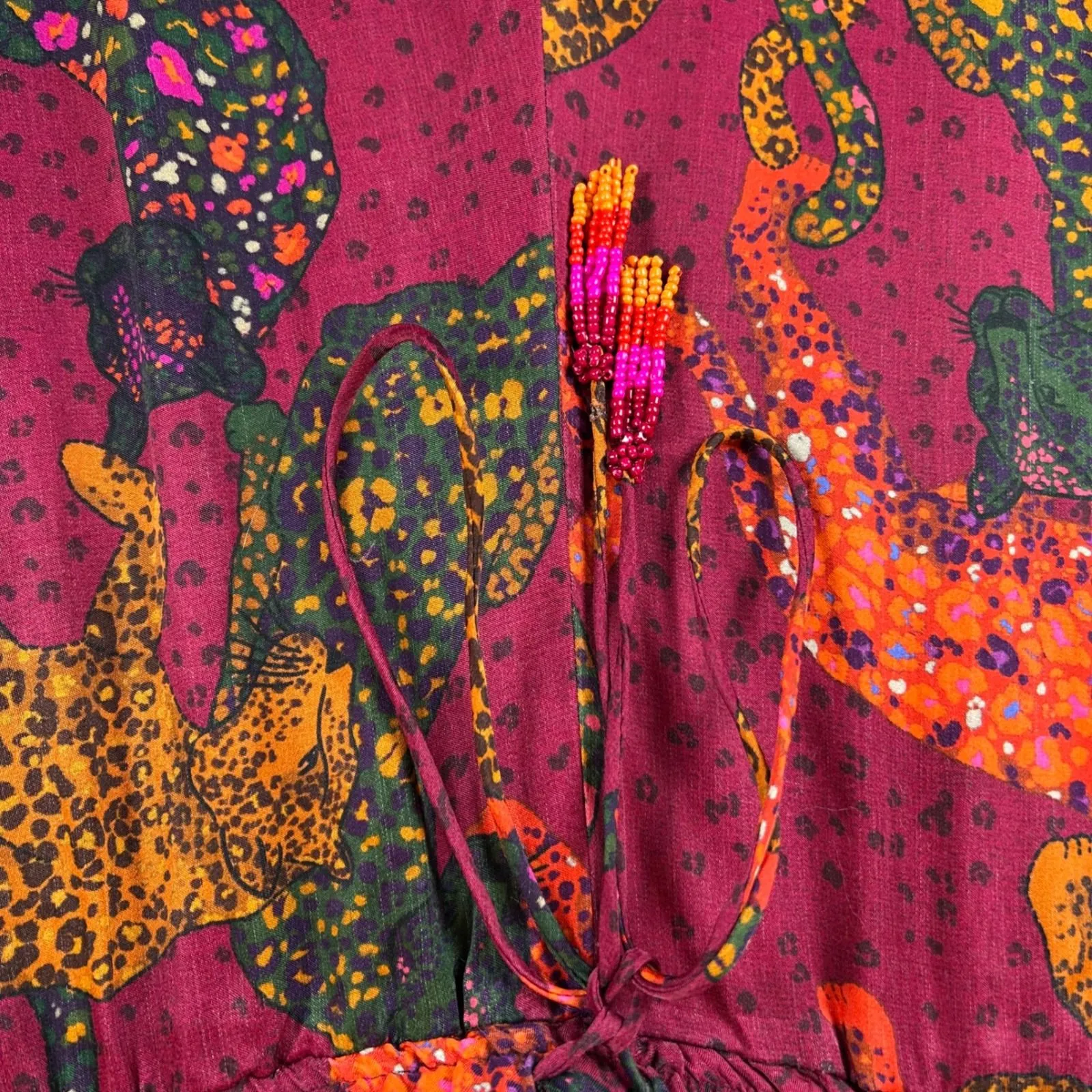 FARM Rio Leopard Print Wide Leg Pants Women's M Burgundy Drawstring Tassel - Image 9