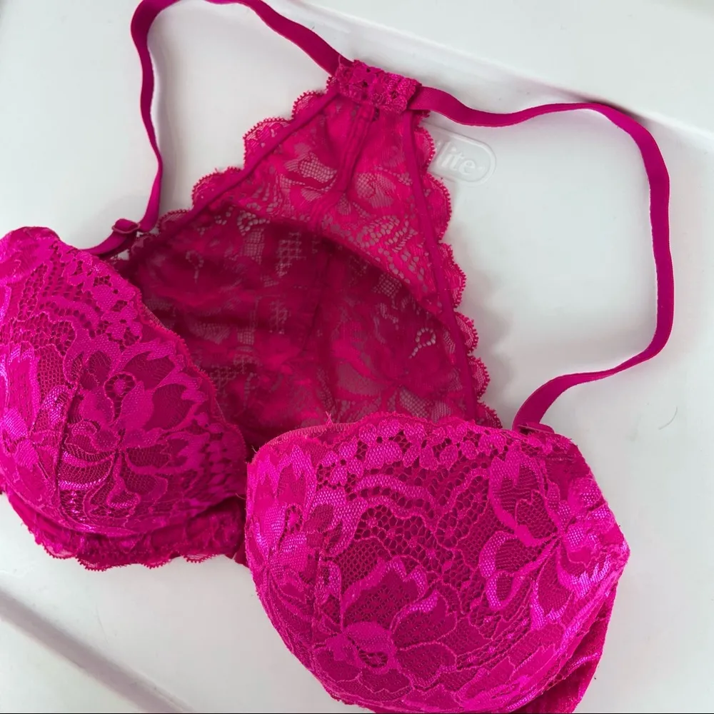 PINK Victoria’s Secret Date Racerback Bra Sz 34D Clasp Front Padded Pink Lace - Image 10