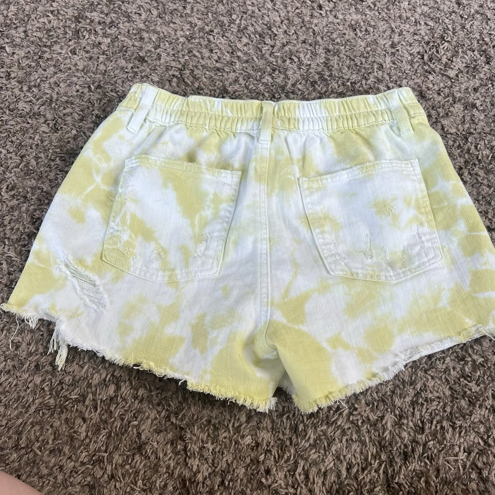 Aerie High Waist Denim Jean Shorts White and Yellow Tie Dye, Size Small - Image 4