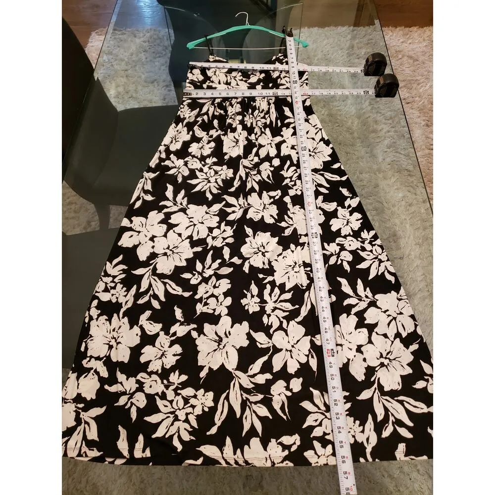 American Living Long Maxi Dress Women's 14 Black White Floral Spaghetti Strap - Image 8