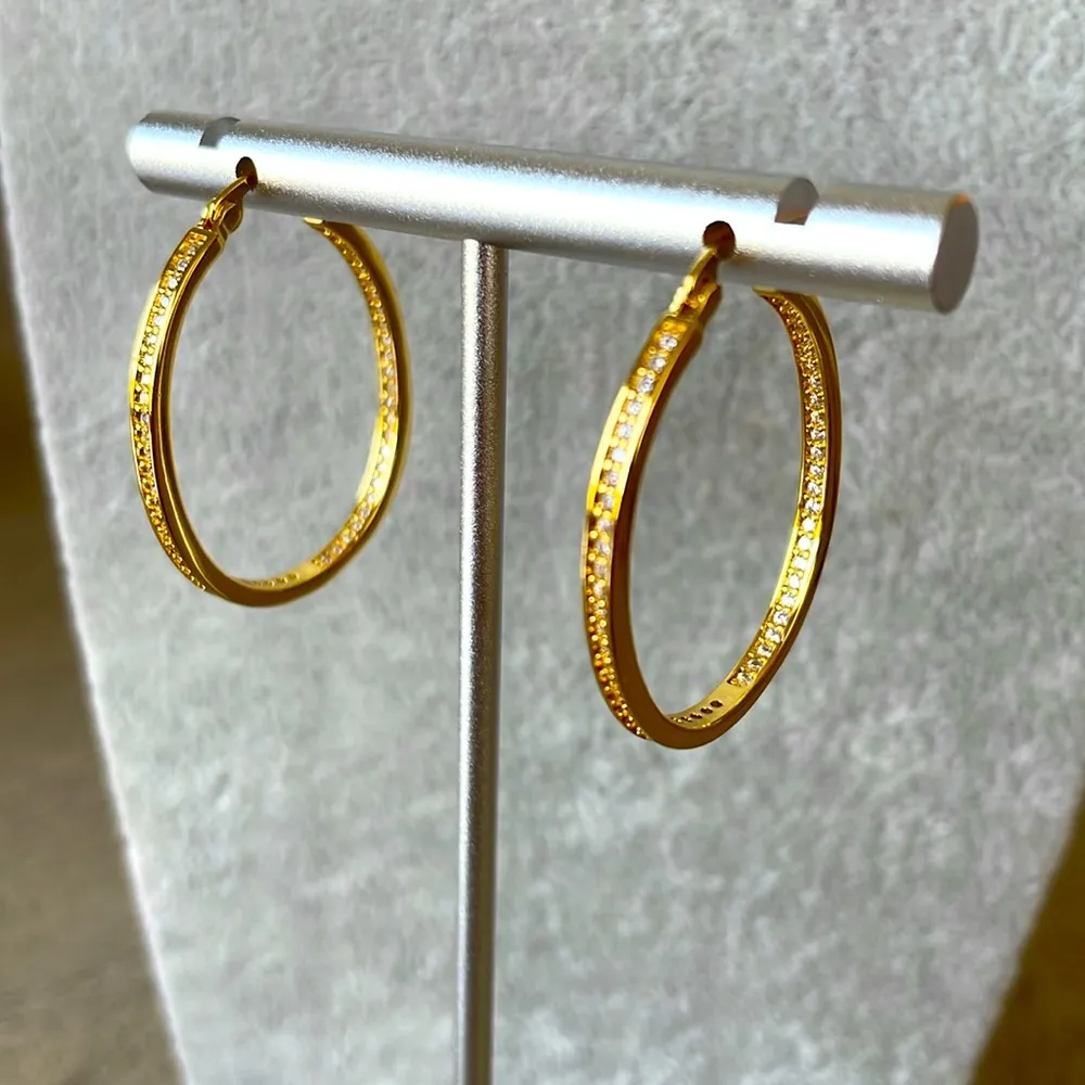 18k gold hoop earrings with rhinestones - Image 2