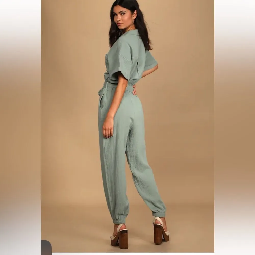 NWT Lulus Relaxed Life Sage Green Short Sleeve Jogger Jumpsuit XS - Image 4
