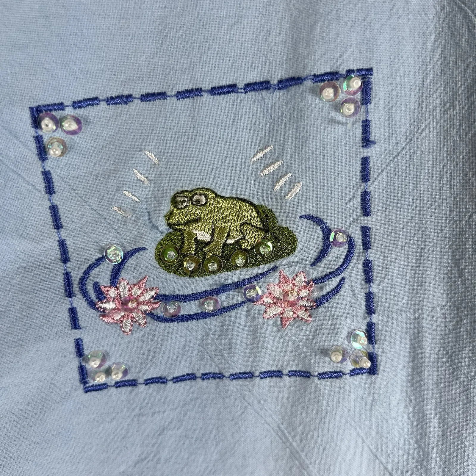 Jane Ashley Blue Floral Frogs Embroidered Y2k 90s Top Button Up XL Shirt Sequins - Image 5