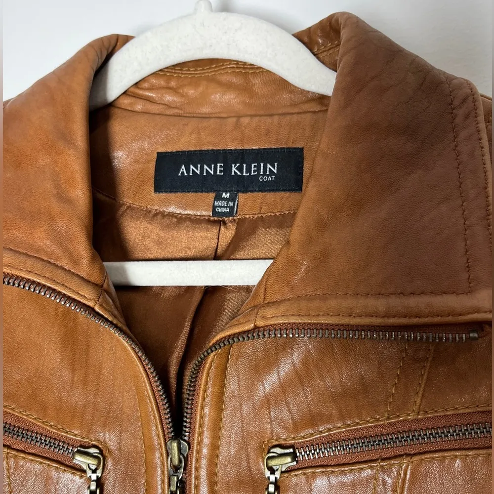 Vintage Anne Klein Longer Line Camel Faux Belted Leather Jacket Sz M - Image 2