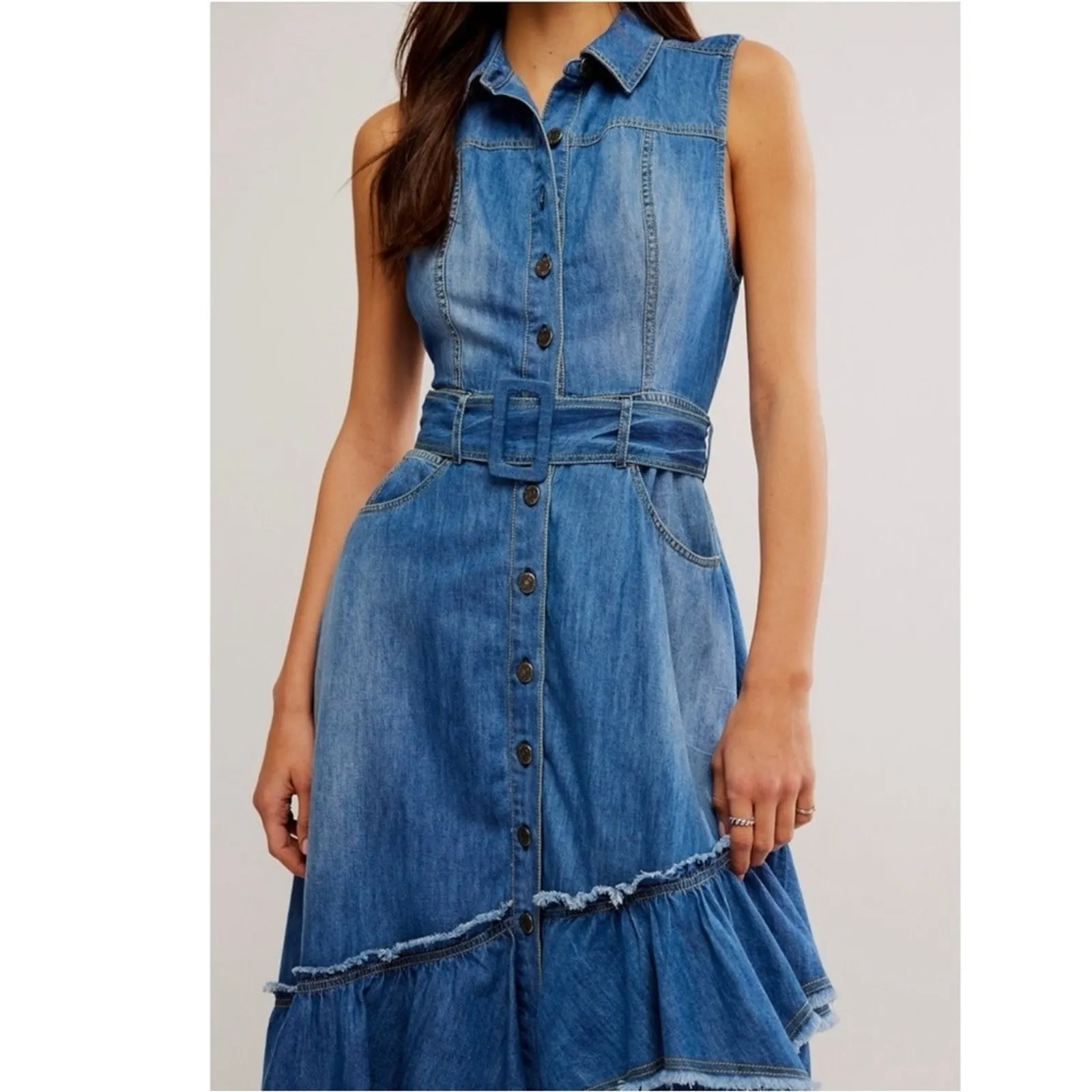 Free People Western Bohemian Ruffle Denim Midi Maxi Dress Medium Belted Cowgirl - Image 4