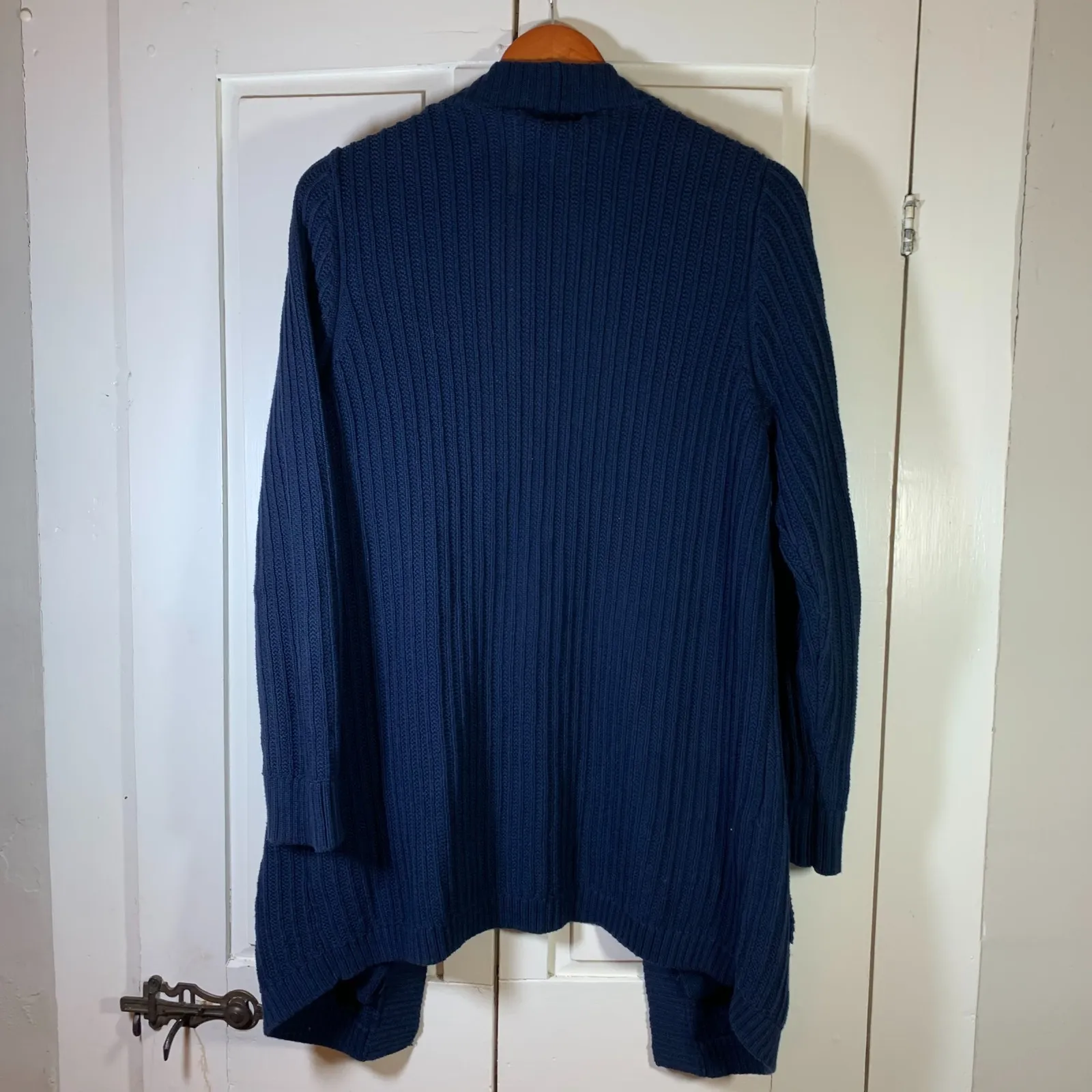 LLBean Navy Blue Ribbed Knit Open Front Cardigan Sweater Women Large Nautical - Image 4