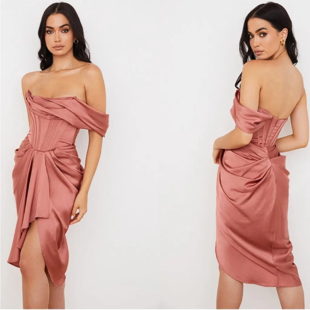 House of CB Janis Rogue Satin Corset One Shoulder Draped Knee Length Dress in XS - Image 3