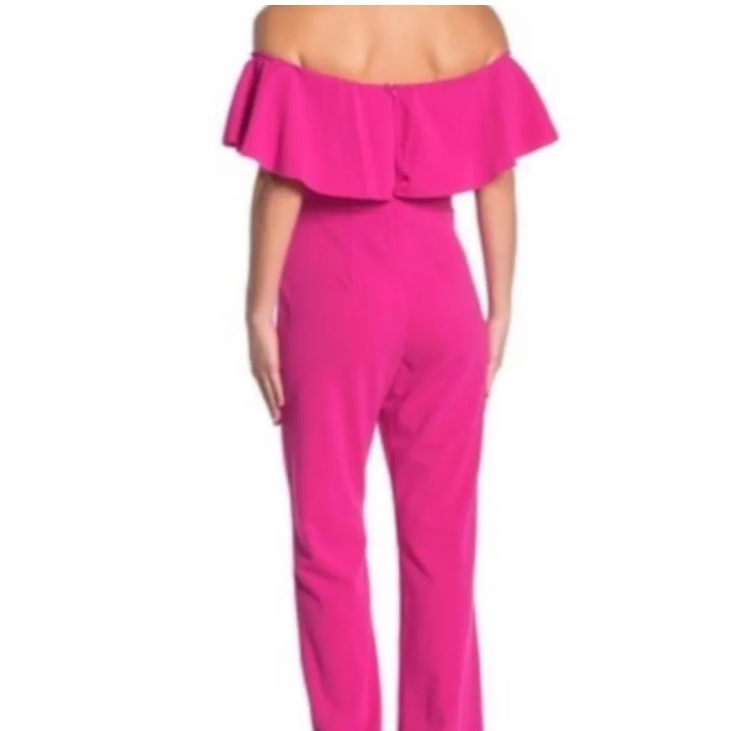Bebe Jumpsuit Off Shoulder Straight Leg Crepe Hot Pink Fuchsia Women’s Size 12 - Image 2