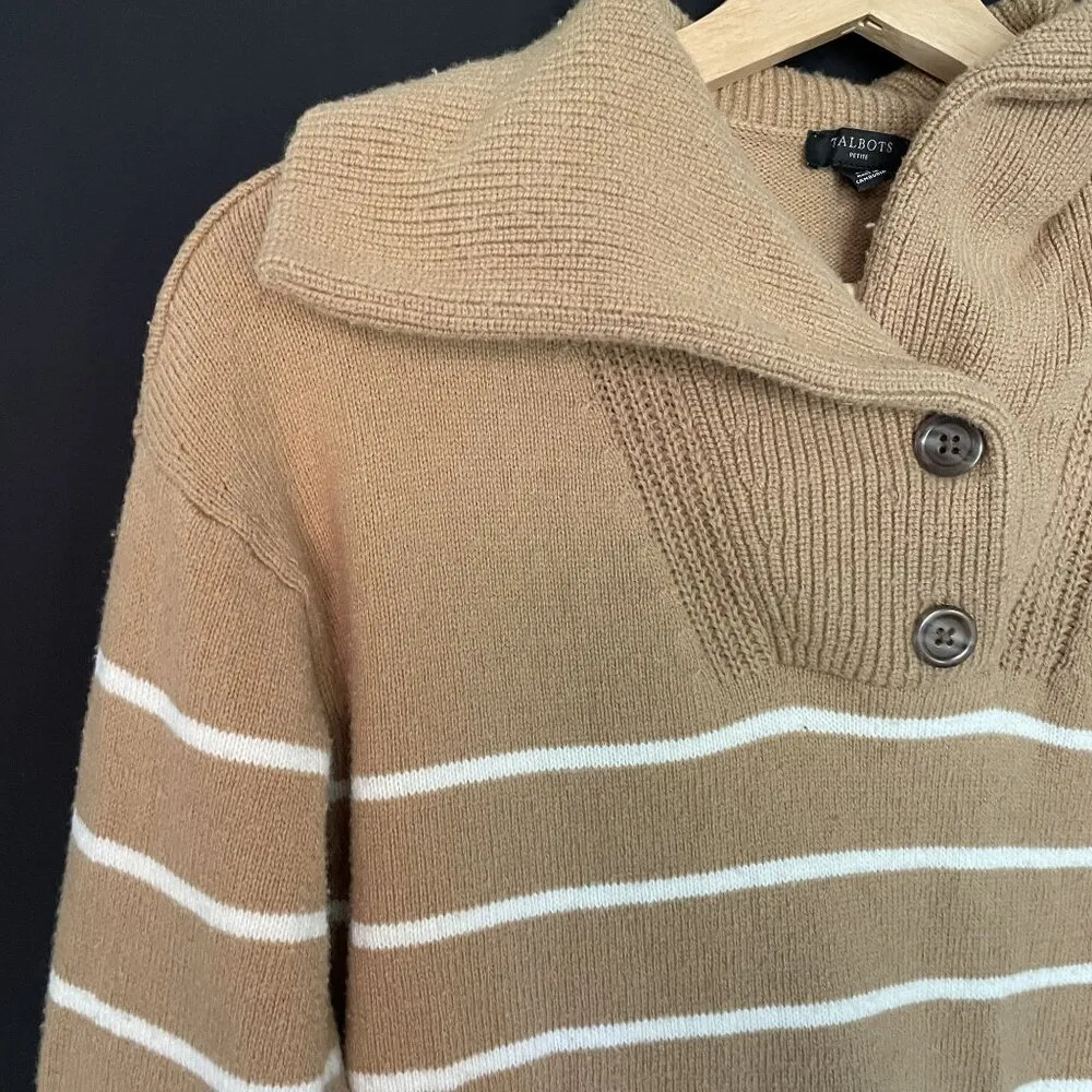 Talbots Petite beige brown and white striped knit warm sweater women's size MP - Image 2