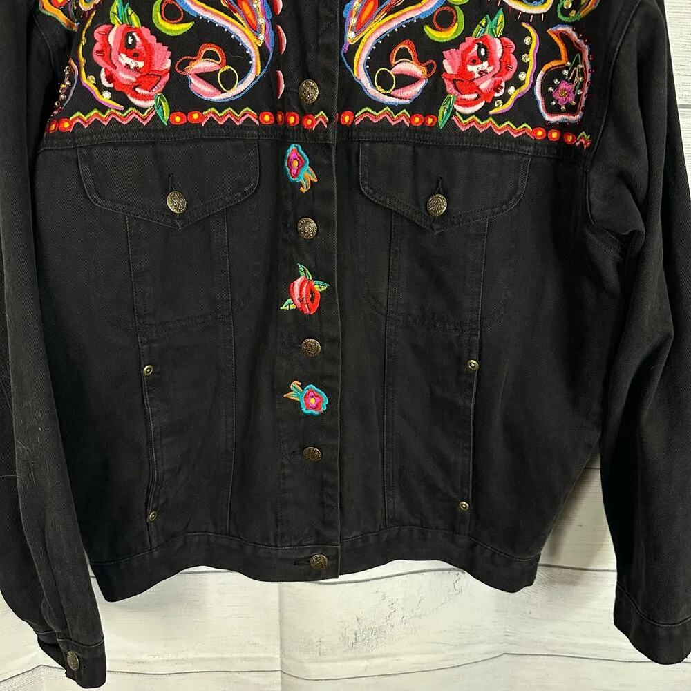 Carole Little Sport Women 4 Embroidered Beaded Oversized Denim Jacket Boho Artsy - Image 7