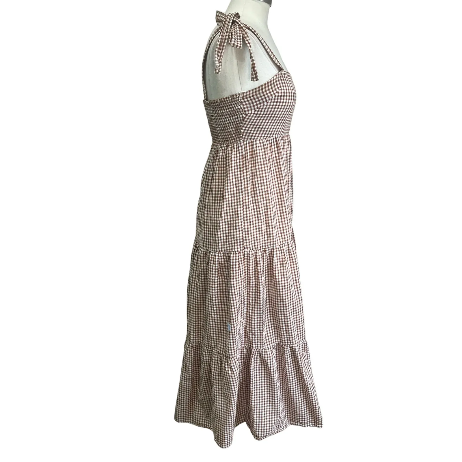 Crescent Cotton Gingham Tiered Midi Dress Tie Straps Cottagecore Sz Small - Image 4
