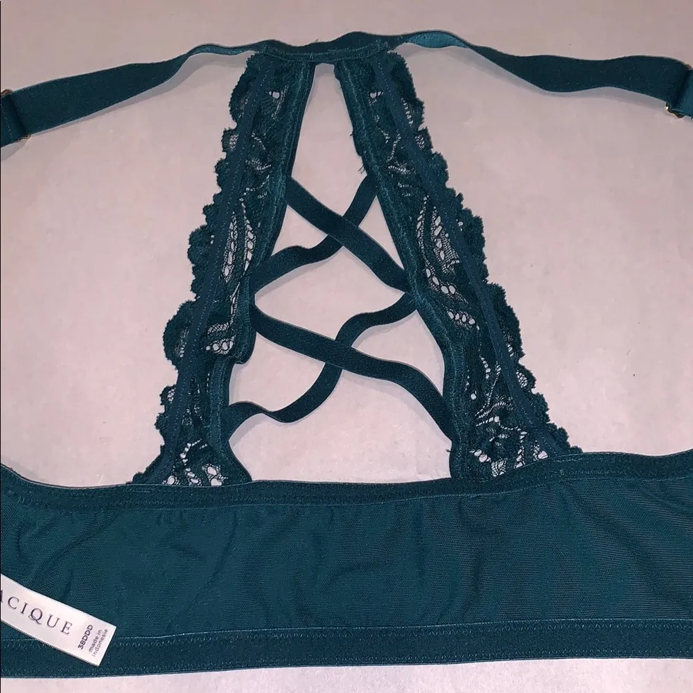 Cacique Boost Plunge Dark Teal Blue Lace Bra RacerBack Underwire Strappy 38DDD - Image 5