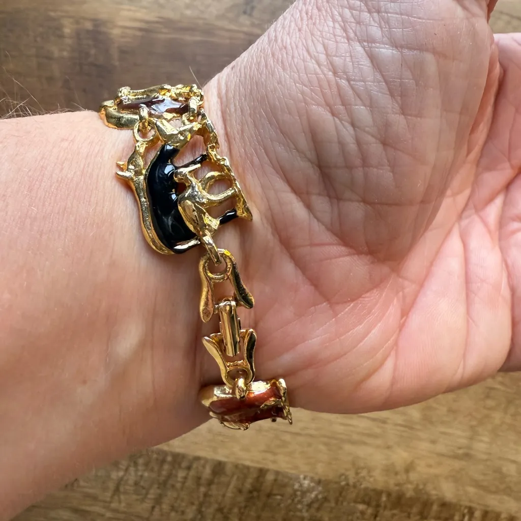 Vintage Gold Tone Multicolor Enamel Noahs Ark Animals Bible Panel Bracelet - Image 3