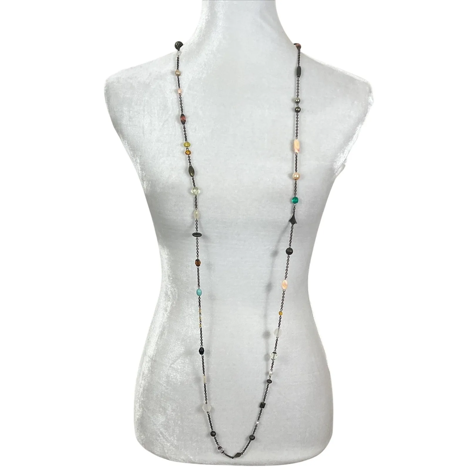 Multicolor Multi Shape Beaded Gold Tone Chain Long Layering Necklace Green - Image 2