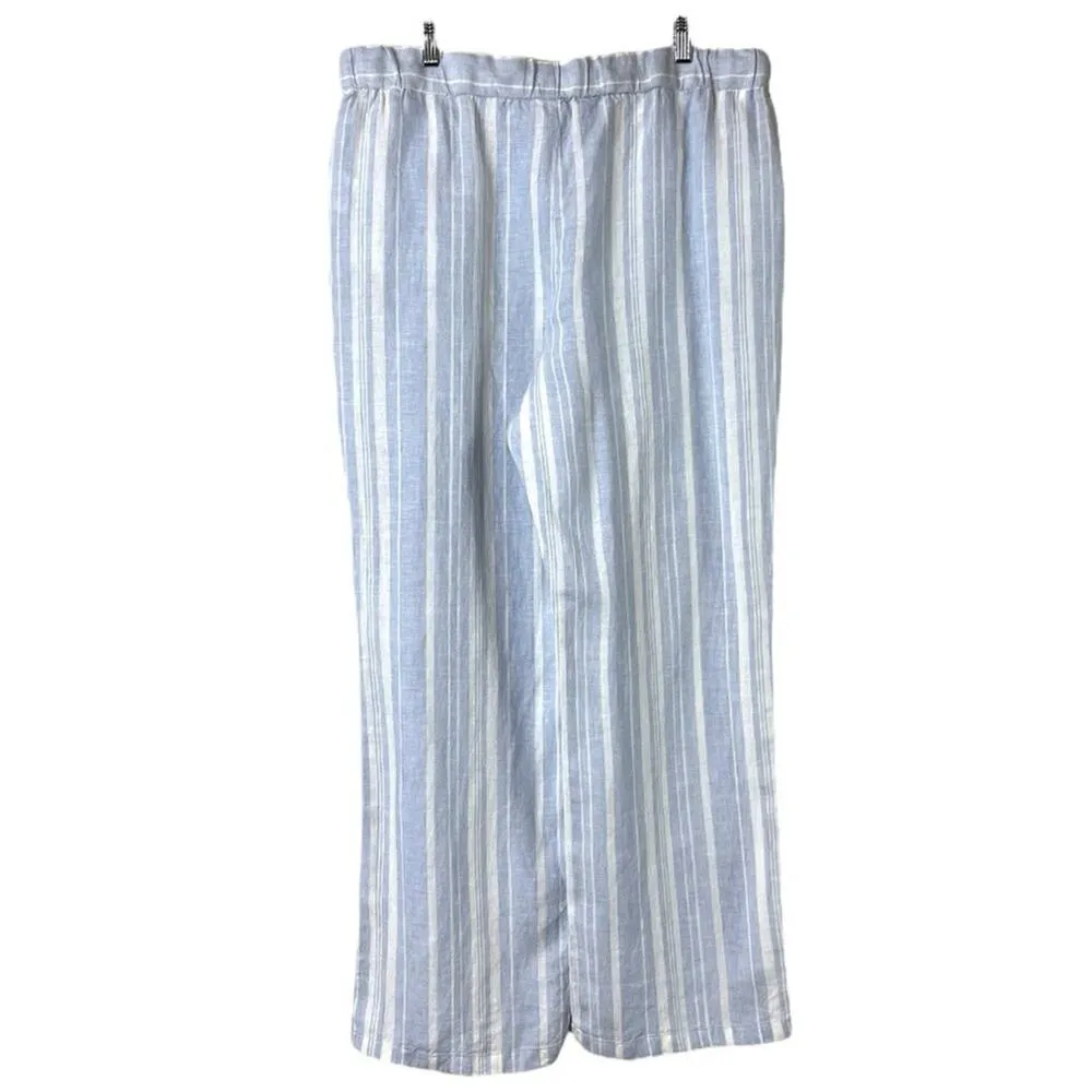 Ellen Tracy New Wide Leg Pant Linen Mid Rise Blue White Stripe Women Size Large - Image 2