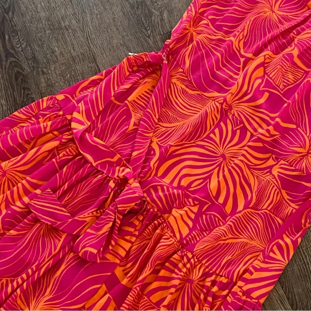 ANNE KLEIN Maxi Dress 18W Pink Orange Floral Tiered Halter Neck Tropical Belt - Image 5