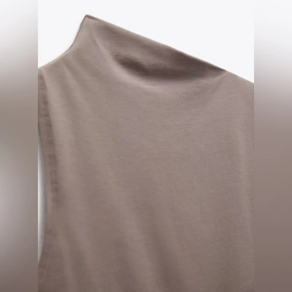Asymmetric Neck Top in Taupe - Image 9