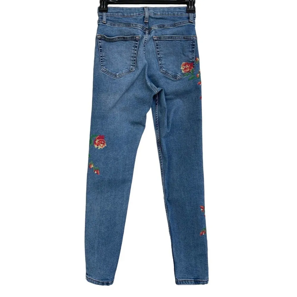 Topshop Moto SZ W26 Jamie Skinny Jeans Hi-Rise Stretch Floral Embroidery Blue - Image 6