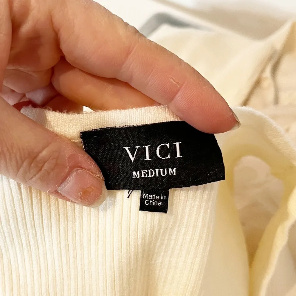 Vici Ribbed Square Neck Polka Dot Sheer Long Sleeve Sweater Blouse Ivory Medium - Image 3