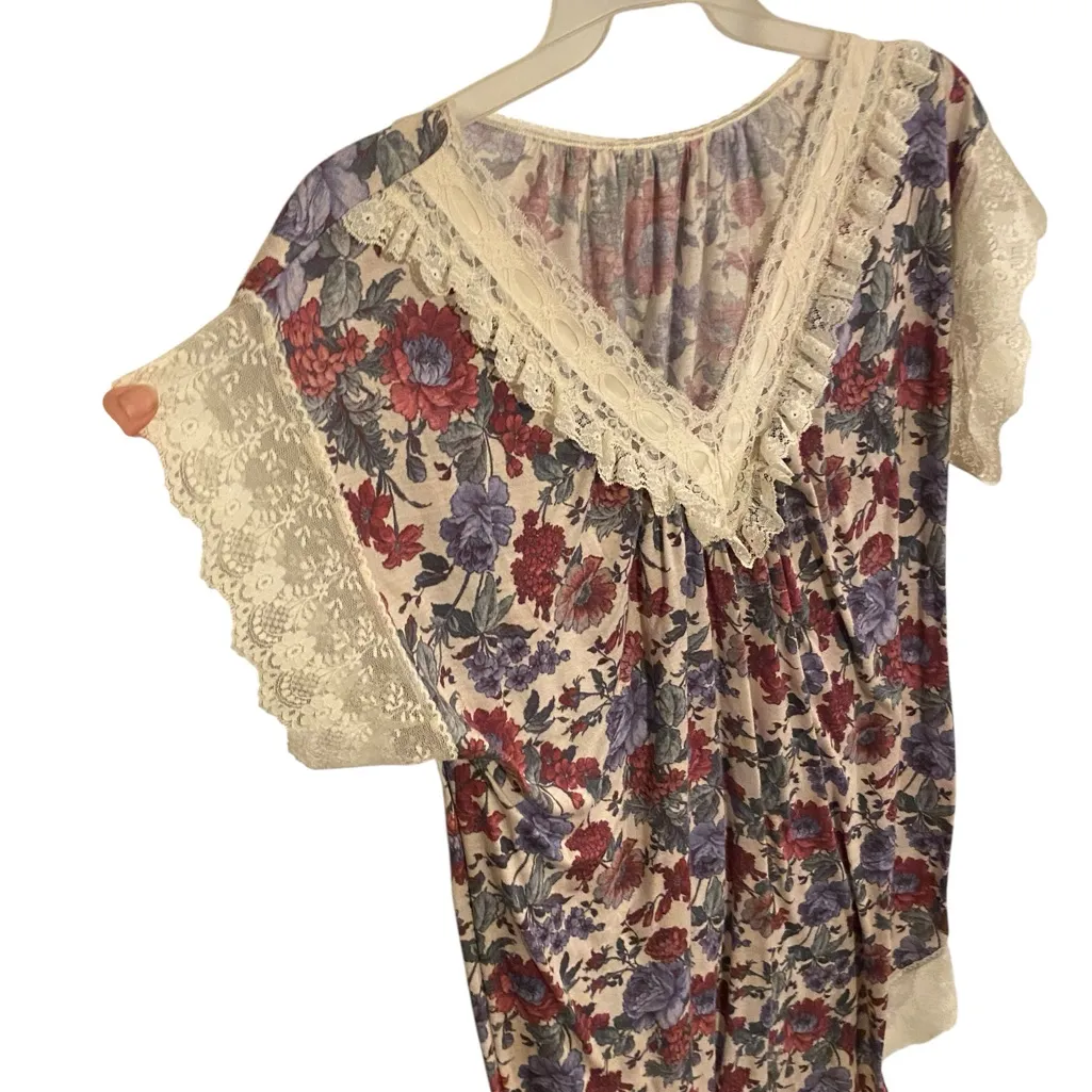 Vintage 90s cream w/ purple & pink Floral Lace Trim night gown / dress Red Size XL - Image 3