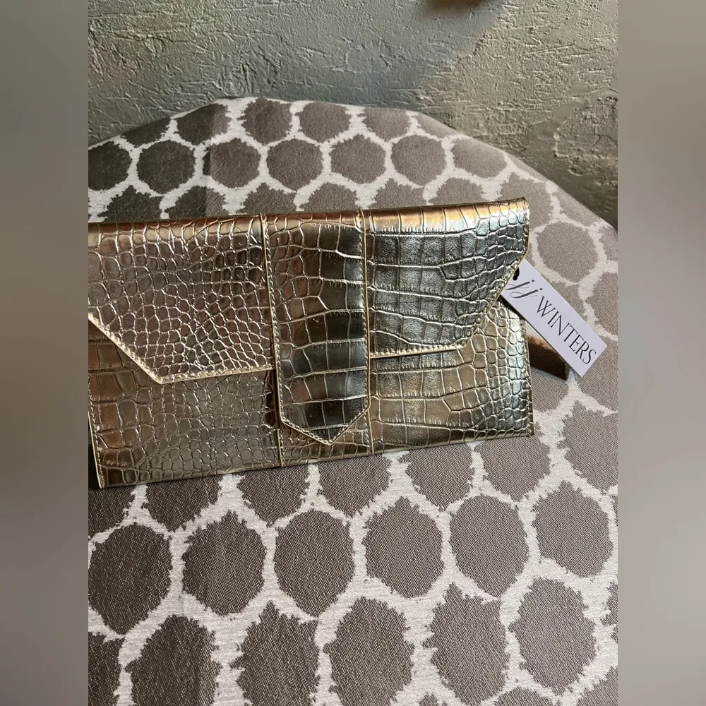 JJ Winters Gold Textured Croc Embossed Vegan Clutch - Image 2