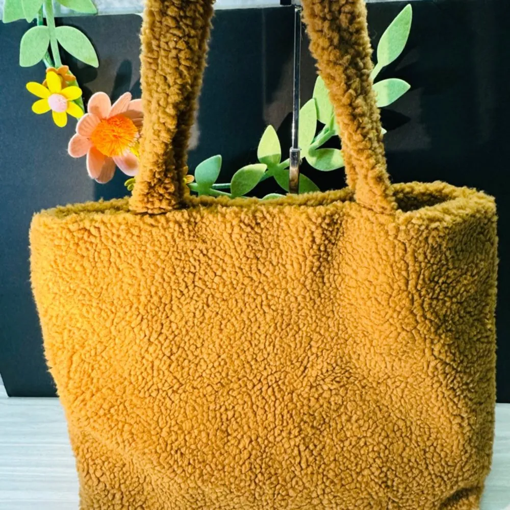 Victoria's Secret VS PINK Plush Sherpa Tote Bag Tan Brown Logo - Image 2