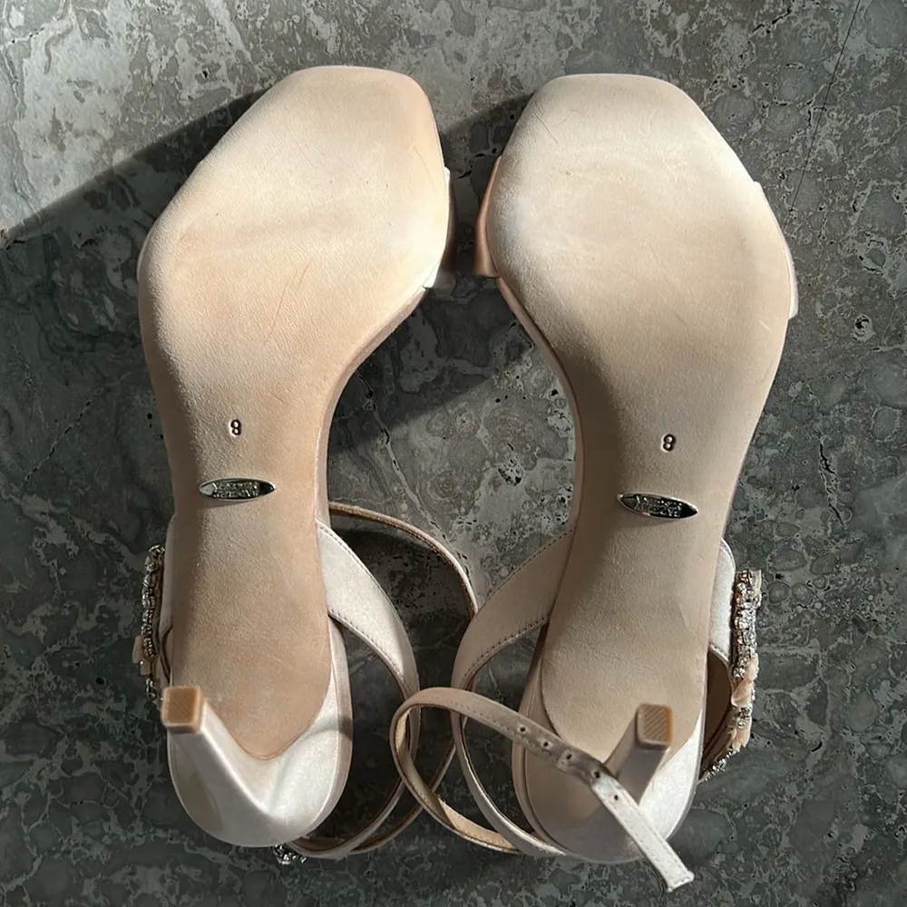 Badgley Mischka Tisha Embellished Heeled Sandals in Nude Satin, Size 8 NEW $245 - Image 9