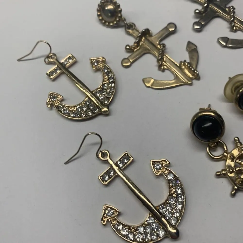 Lot Of 3 Gold Tone Metal Mix Costume Earrings Pierced Dangle Boat Anchor / Wheel - Image 3