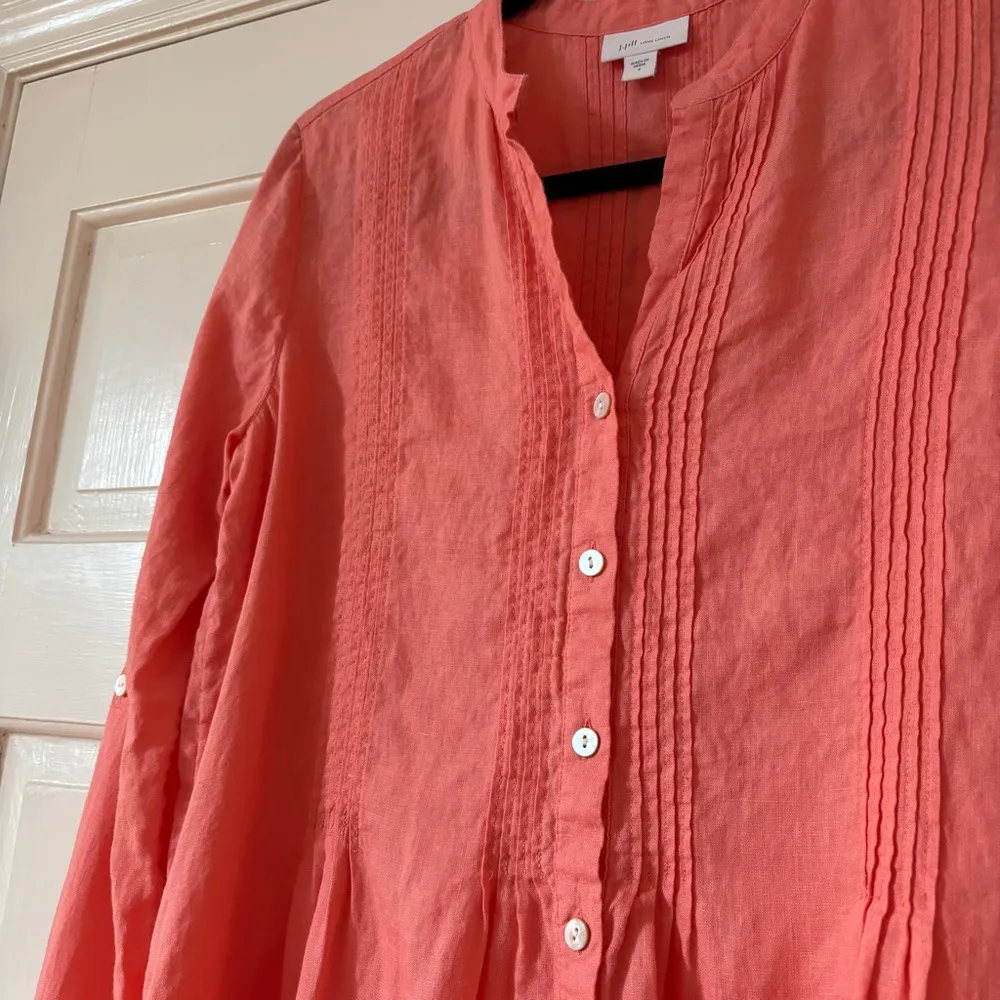 J. Jill Linen Coral Orange Button Down Pleated Tunic Size Small Vacation Coverup - Image 2
