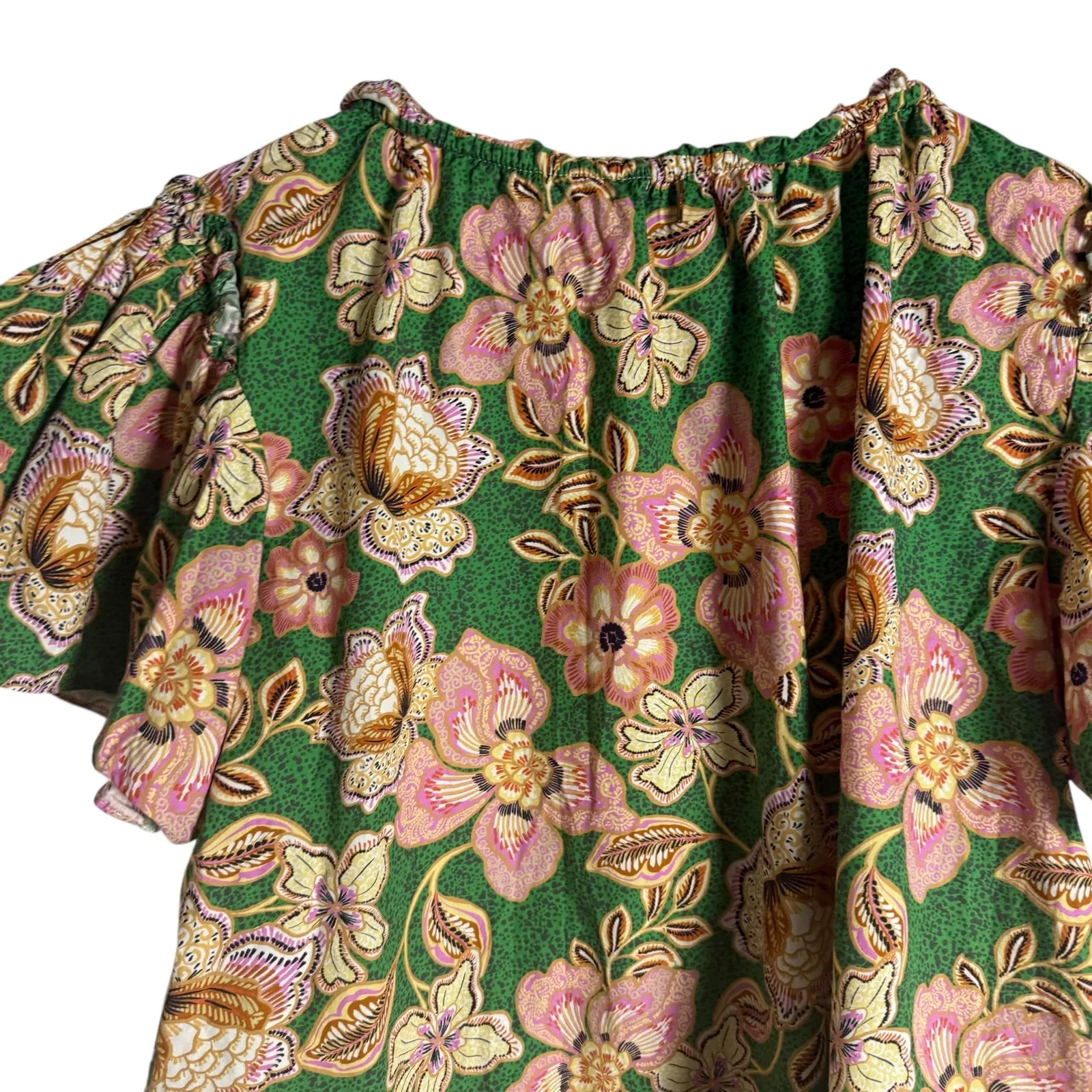 MISA Suparna Green Floral Print Cap Sleeve Tie Neck Peasant Blouse Size Large - Image 9