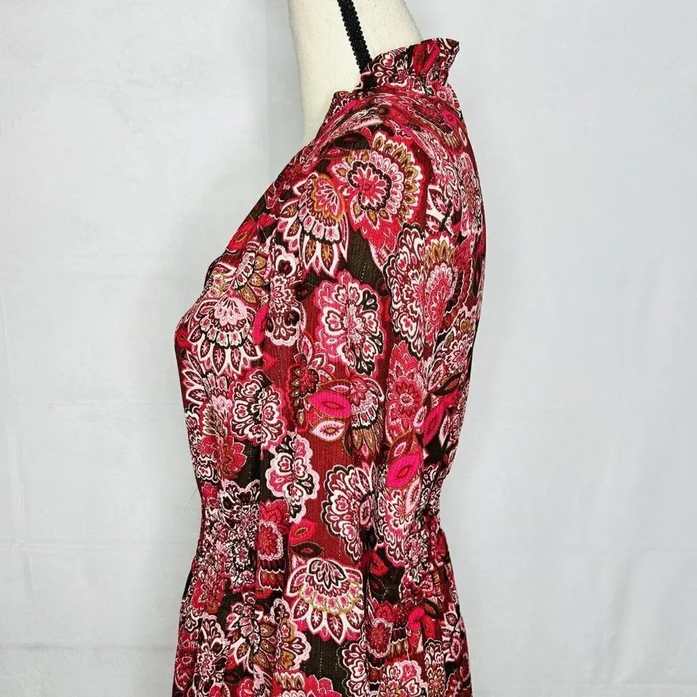 Rose + Olive Floral Print Metallic Boho Mini Shift Dress Smocked Waist Sz S - Image 7