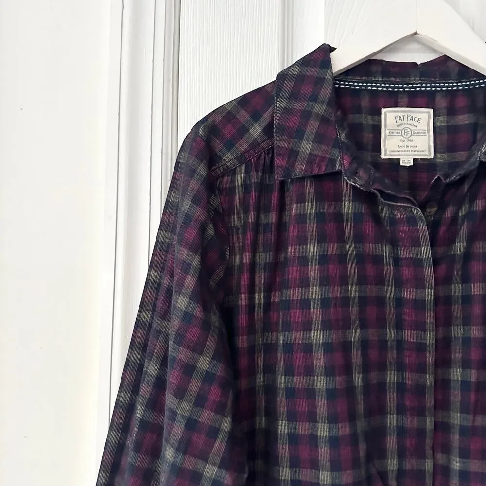 Fat Face Navy Burgundy Plaid Chester Check Corduroy Buttondown Collared Dress 18 Red - Image 3