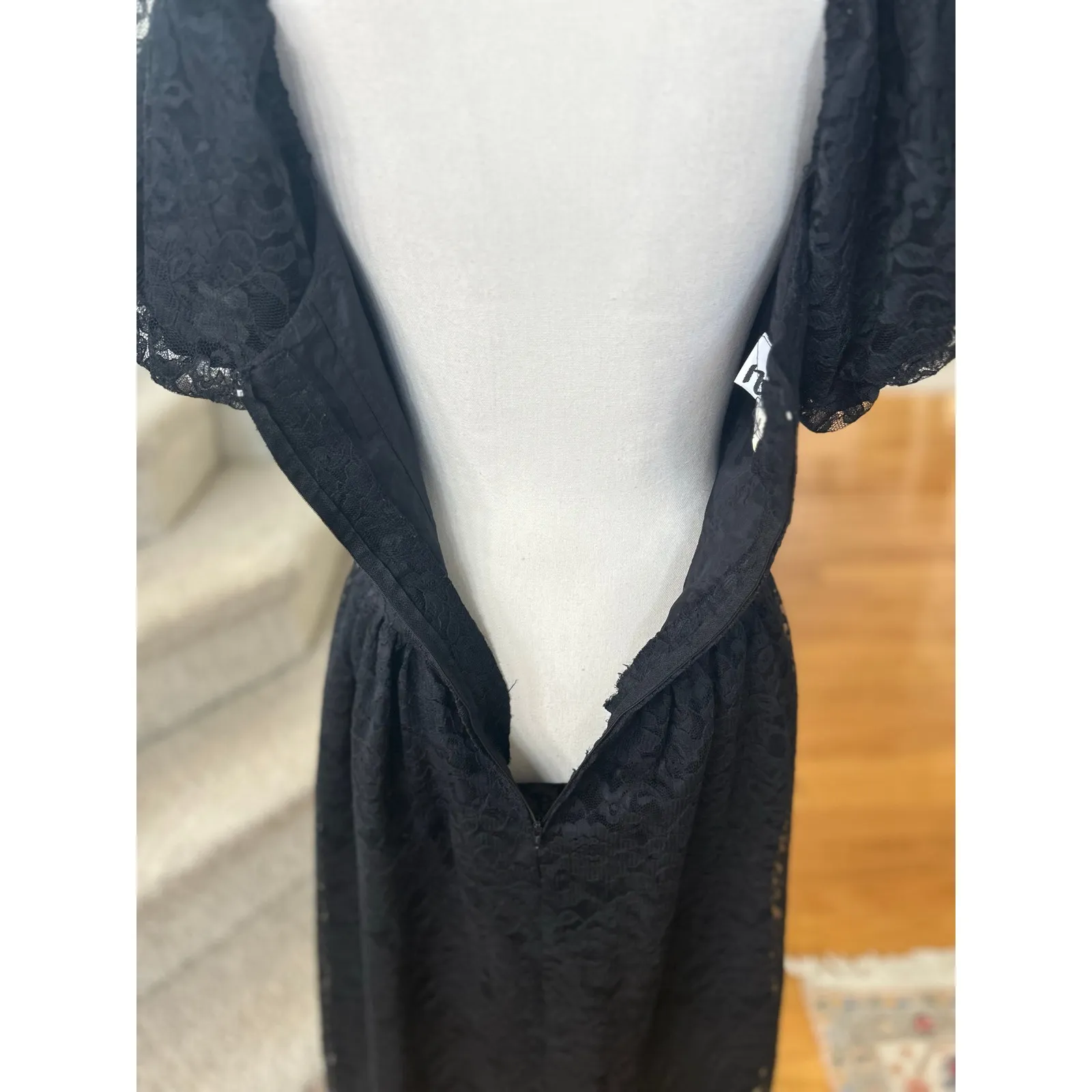 Vintage Black Lace Drop Waist Puffed Sleeve Dress Romantic Victorian Milk Maid - Image 6