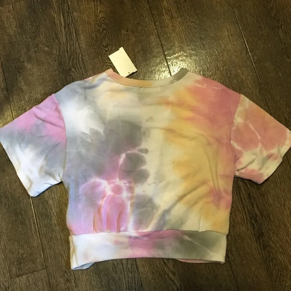NWT Lush Pink & White Tie Dye Short Sleeve Tie Cropped Top Size Small - Image 5