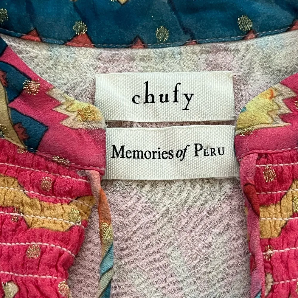 Chufy Memories of Peru Abstract Short Sleeve Tassel Blouse | XS - Image 8