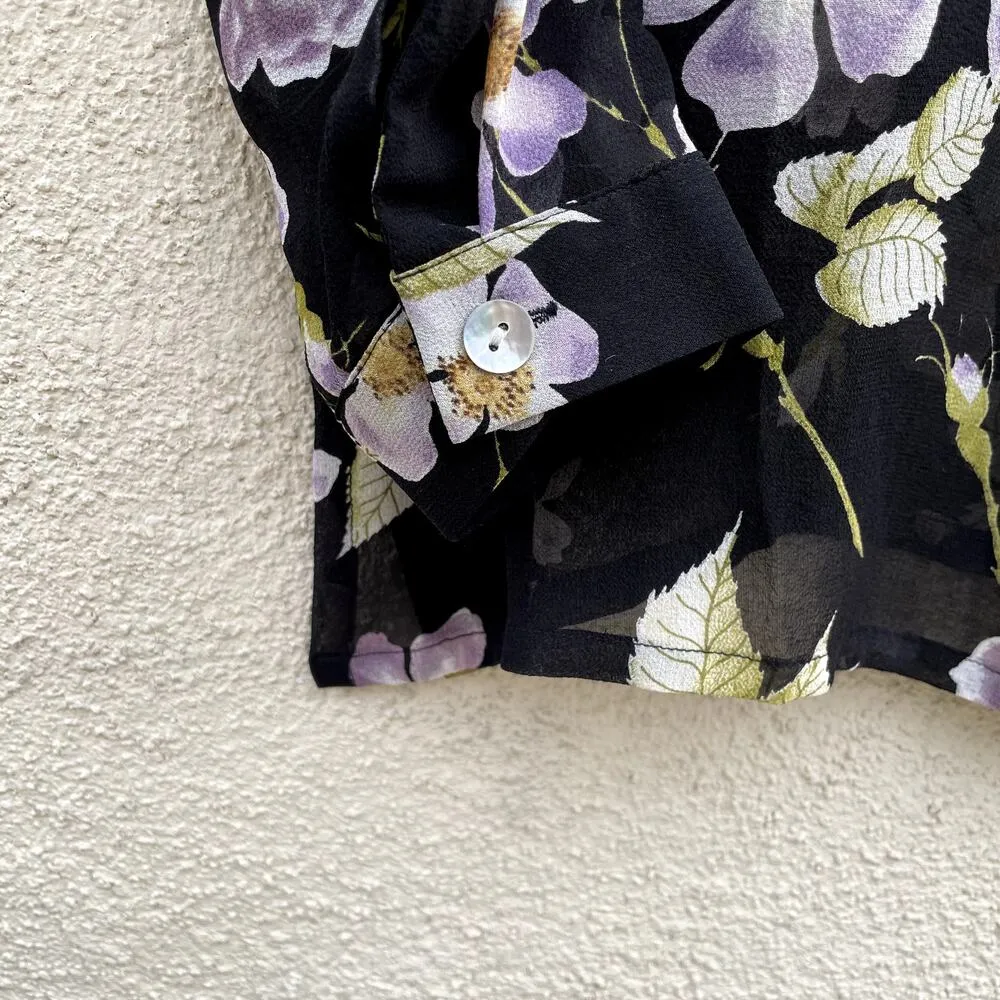 Vintage Silk RJ Collection Black Floral Sheer Button Up Shirt M Size M - Image 3