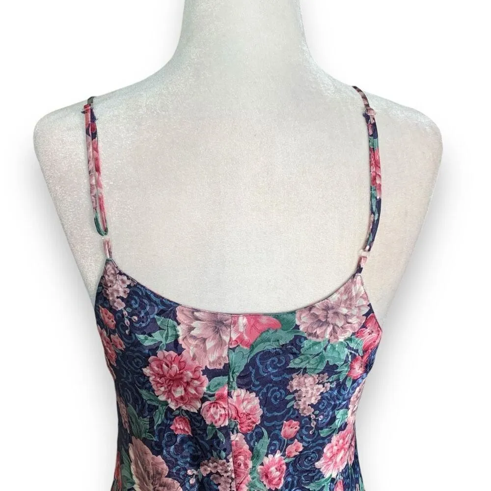 Vintage 90s Slip Dress Blue Baby Pink Spaghetti Strap Dark Floral Open Back Lace Size M - Image 7