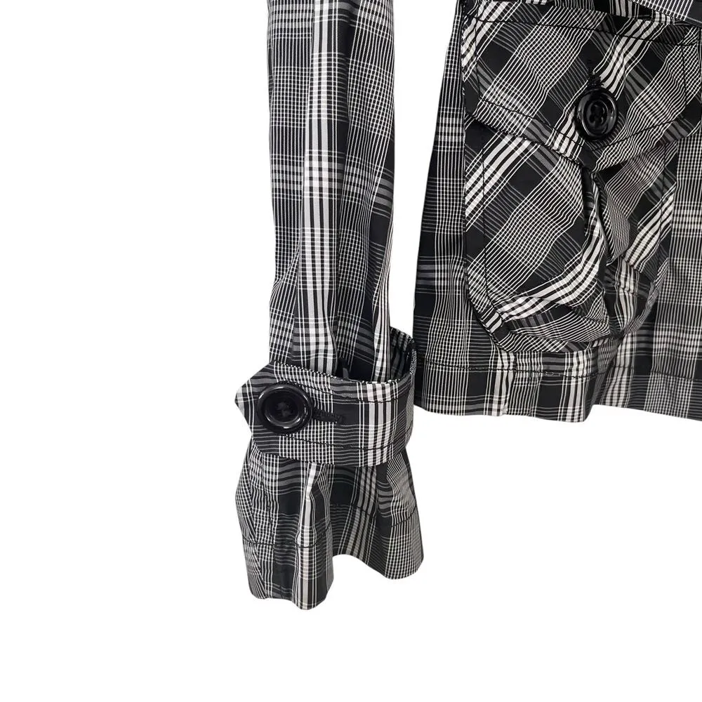 Blue Les Copains Black White Plaid Double Breasted Short Trench Coat Jacket - Image 6