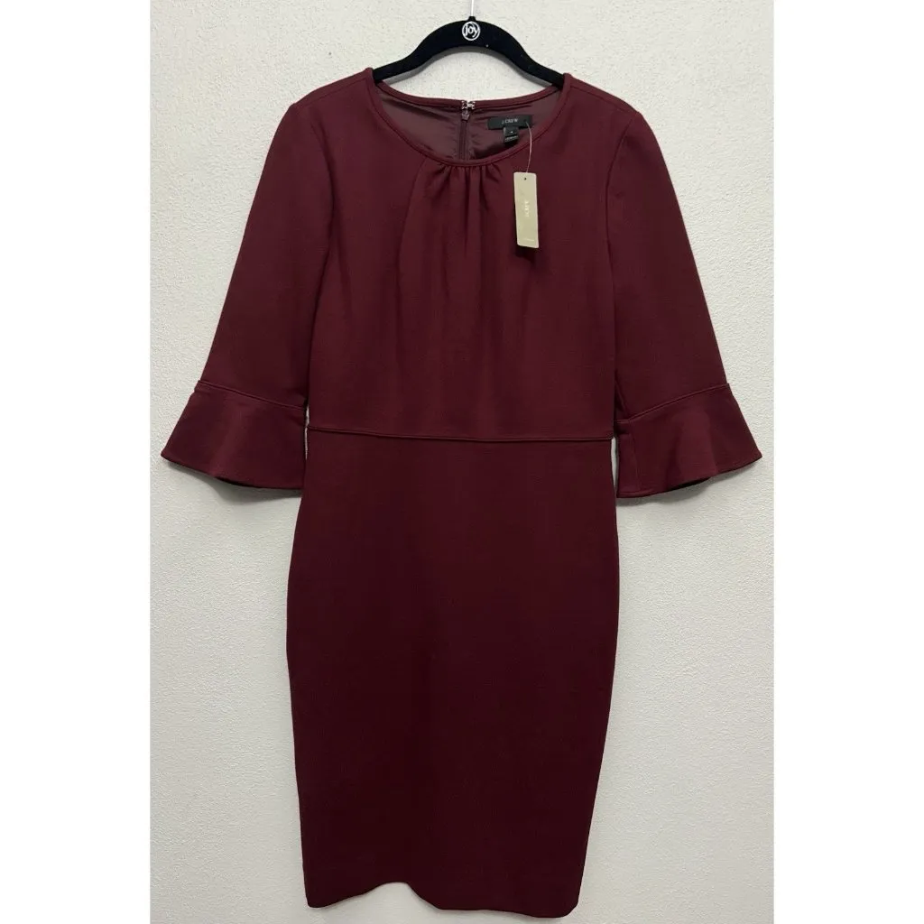J. Crew Sheath Dress Size 4 Bell Sleeve Ponte Knit Cranberry Red Burgundy Formal - Image 3