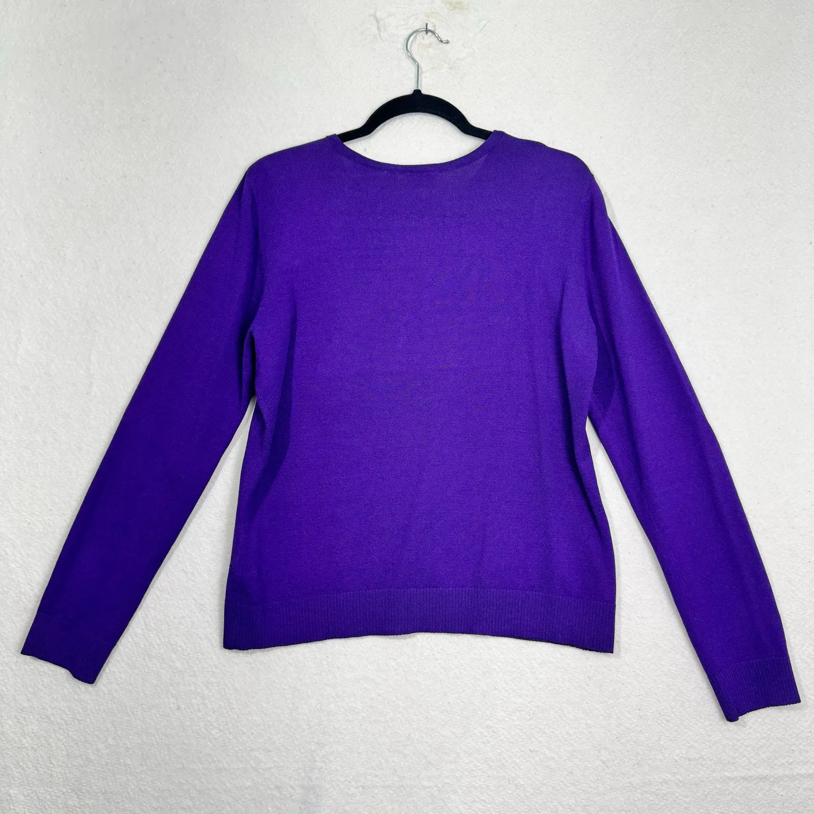 Caslon Royal Purple Crewneck Cardigan Sweater Petite Large Rib Knit Trim Rayon - Image 2