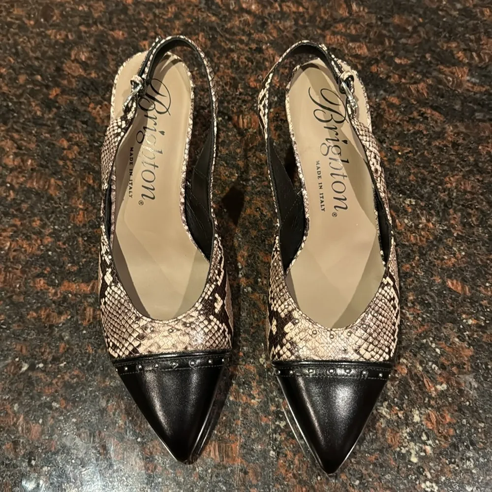 Brighton Frieze Pointed Closed Toe Slingback Kitten Heels Black Snake Size 8 - Image 2