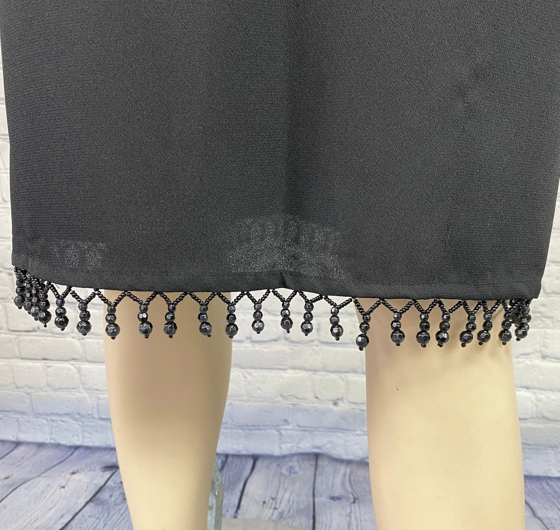 80s Black Beaded Fringe Shawl Collar Cocktail Party Shift Dress M - Image 2