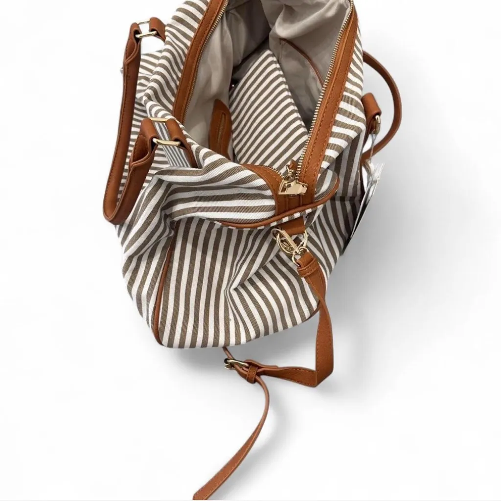 NWT MMS Striped Brown and White Women's Bag Set Duffle w Clutch Inside - Image 3