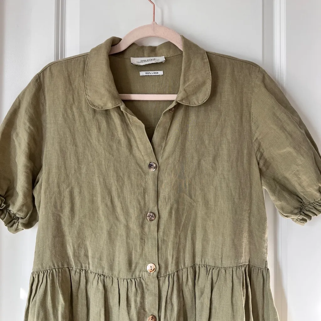 Zara Green 100% Linen Button-Front Midi Dress Short Sleeve Women’s Small - Image 4