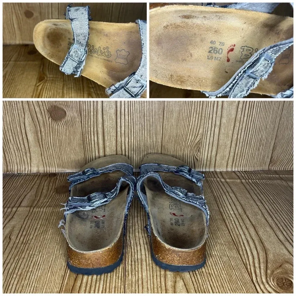 Birki’s by Birkenstock slide on distressed metallic denim sandals - Image 4